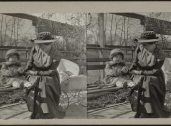 Black and white image in duplicate of a mother in 1917 with a baby sitting on a bench. Frock and bonnet