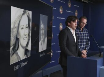 Erin Gilmours's two brothers, Sean and Kaelin, speak to the media at the Toronto police news conference announcing the arrest of Joseph George Sutherland on Nov. 28.