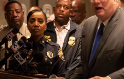 Memphis Police Chief Cerelyn "CJ" Davis listens as Memphis Mayor Jim Strickland speaks during a press conference early Thursday, Sept. 8, 2022, after 19-year-old Ezekiel Dejuan Kelly is alleged by MPD to be responsible for several shootings in Memphis. The shootings on Wednesday ended with seven people shot, at least four of the seven dead. 